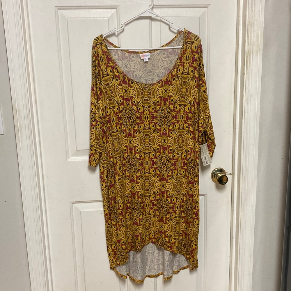 LuLaRoe Yellow and Red Scoop Neck Dress with Geometric Floral Print